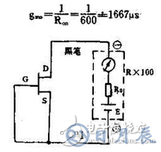 　萬用電表置R×1k檔，然后反復測試管子的三個電極，只要其中兩腳的正、反向測試電阻值相等，約為幾千歐姆時，這兩個極必定是漏、源極。當然為了驗證還得確定剩下那只腳是柵極，該腳對漏、源極中任一腳的正、反向電阻應是不一樣大的（PN結），若—樣，說明該管是壞的。